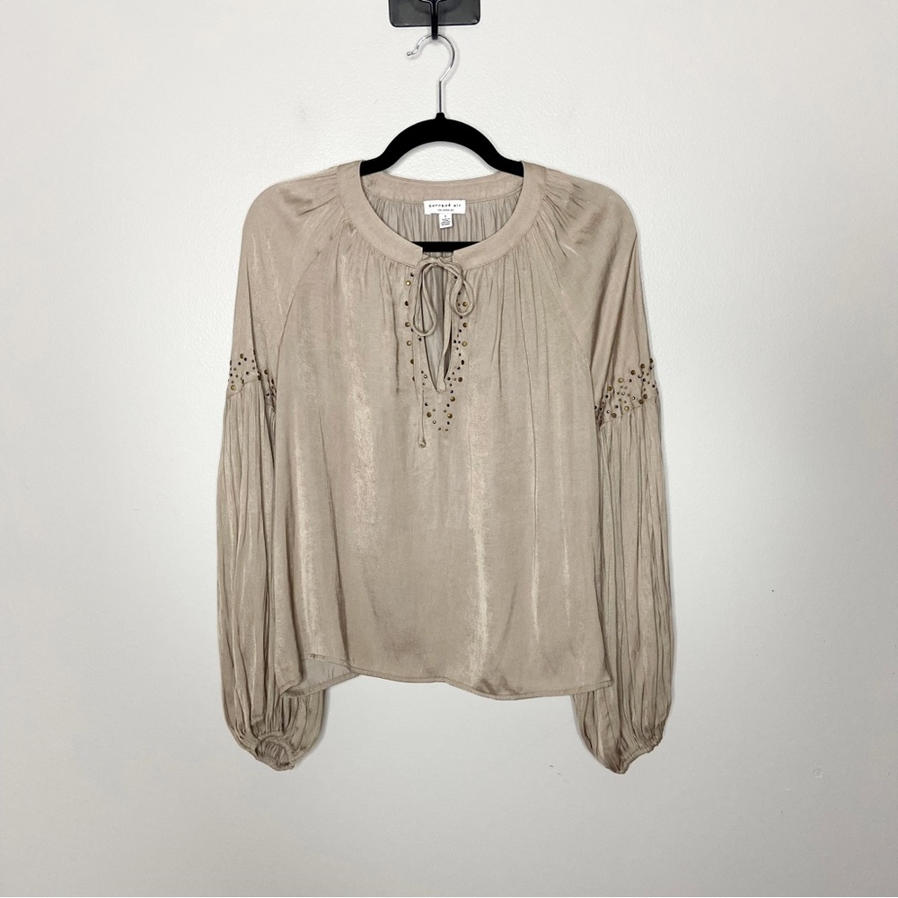 Anthropologie Beige Tie-Neck Long Sleeve Blouse
